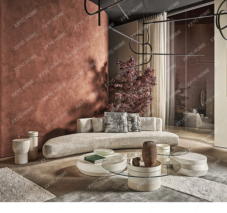 

Modern Minimalist Round Glass Tea Side Table Set for Living Room Home Use High-End Artistic Designer Cement Tea Table