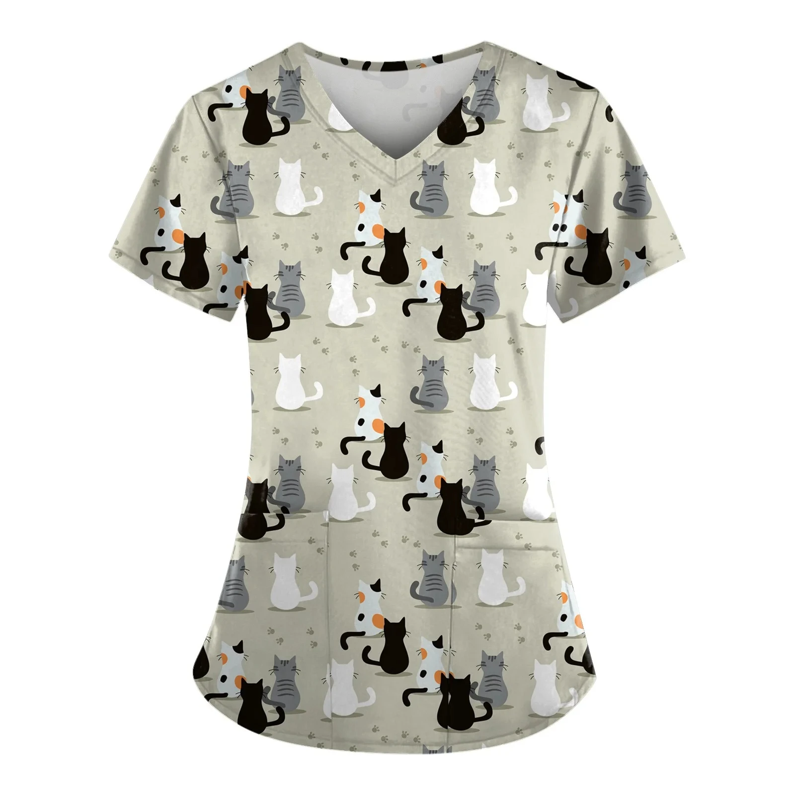 Cute Surgical Uniforms Woman Animal Cat Print Fashion V-Neck Dental Nurse Microelastic Short Sleeve Vet Clinical Uniform Woman