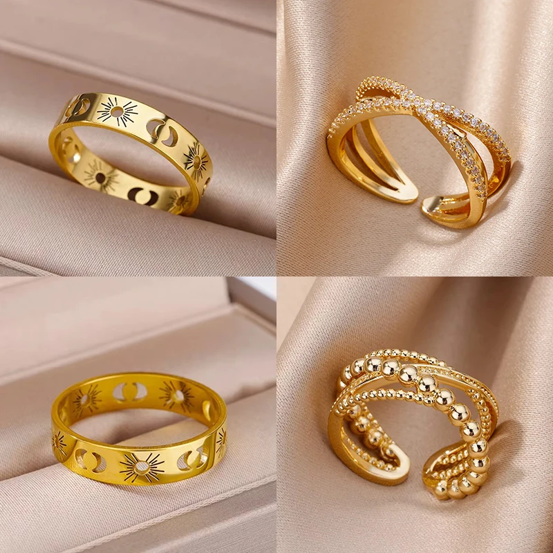 Anéis vintage de sol e lua para mulheres e homens, aço inoxidável, cor dourada, sol, lua, joias estéticas, presente