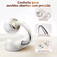 Close dos fones de ouvido QCY Crossky C50 em formato clip-on mostrando acabamento em silicone e liga de titânio