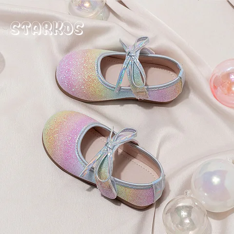 Bling Радужные блестящие балетки Детские балетки с круглым носком и галстуком-бабочкой на липучке Балетки на плоской подошве для девочек вечерние платья для сцены Лоферы