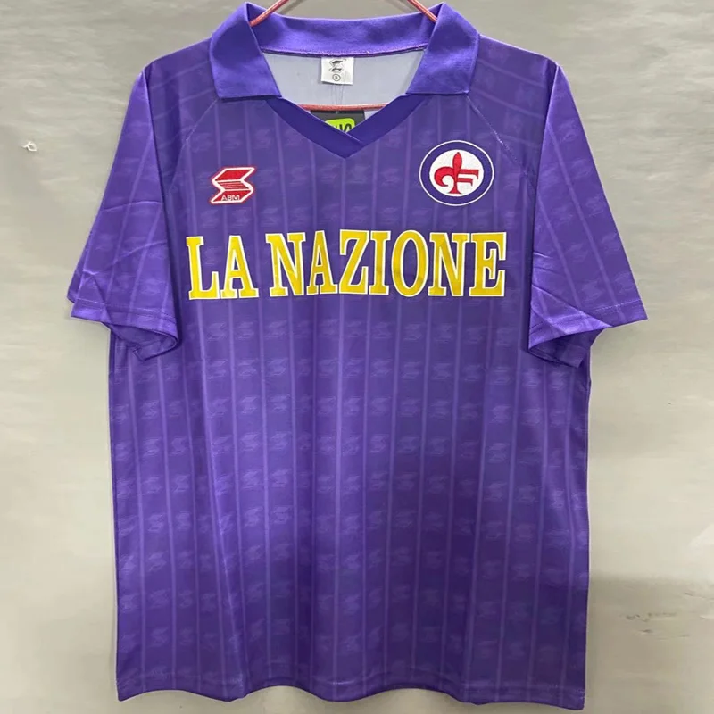 989-90シーズン-フィレンツェ-ホーム-レトロスタイル-サッカーユニフォーム-0番-バロチ-メンズ-サッカーユニフォーム-半袖-ファンバージョン