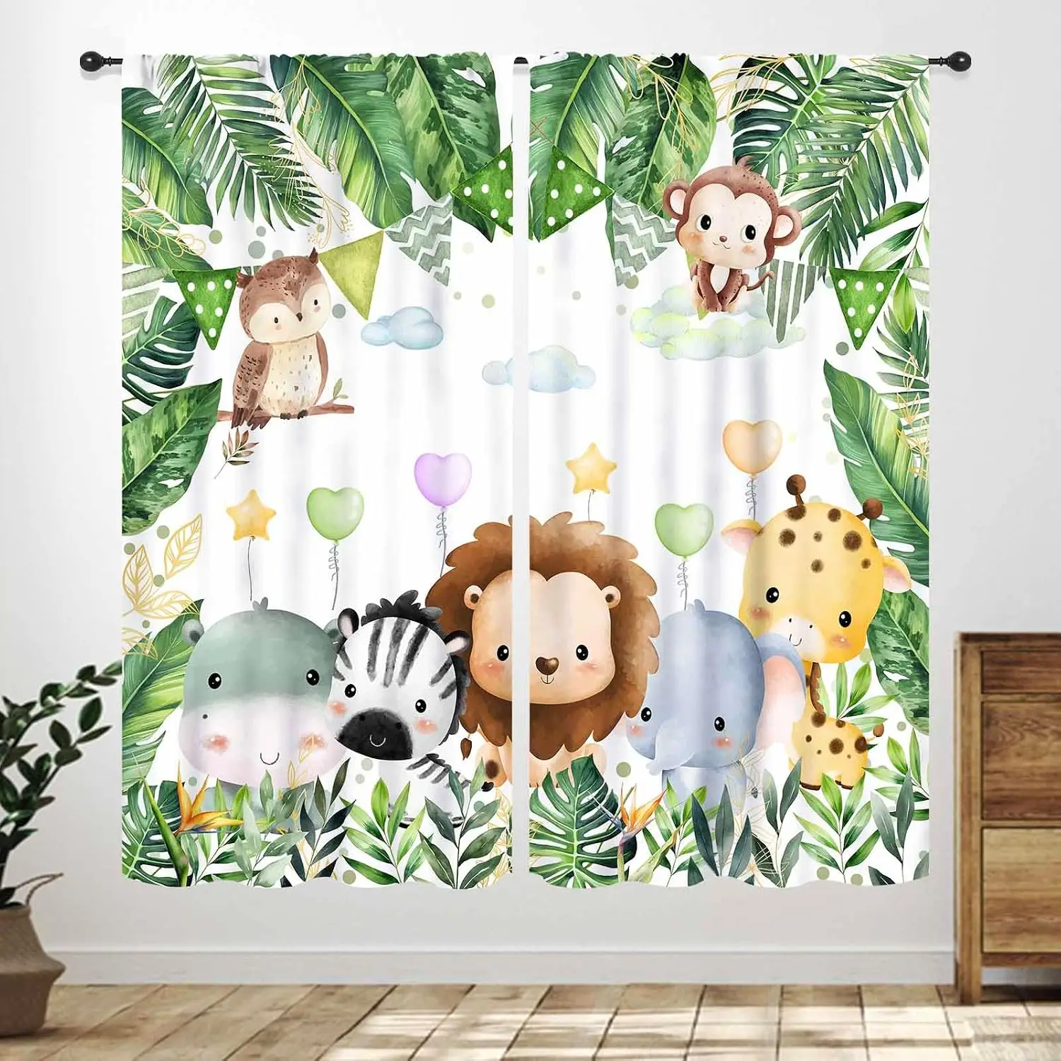 Jungle Animal Curtain Panels, Cute Lion Giraffe Elephant Zebra Monkey Owl Tropical Leaf Print Drapes for Kids Bedroom Decor