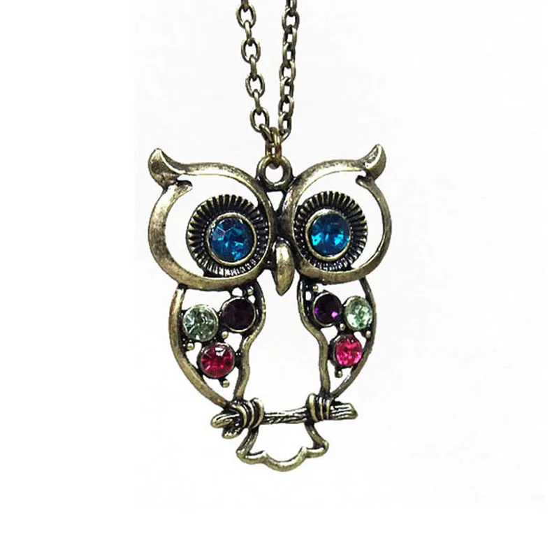 Damen-Halskette mit ausgehöhlter Eule, farbigem Strass-Vogel-Tier-Anhänger, lange Kette, Pullover-Halskette, Statement-Boho-Retro-Modeschmuck
