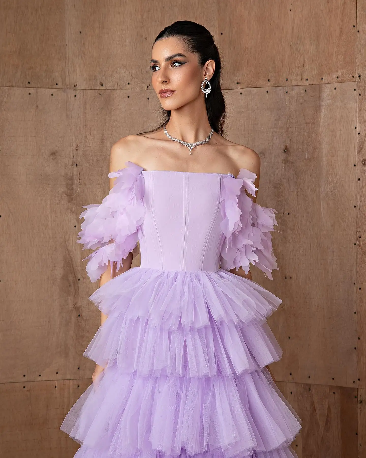 

Fashion Tulle Tiered Pleats Prom Dress Lilac Flowers Off the Shoulder A-line Luxury Formal Evening Gowns Customized