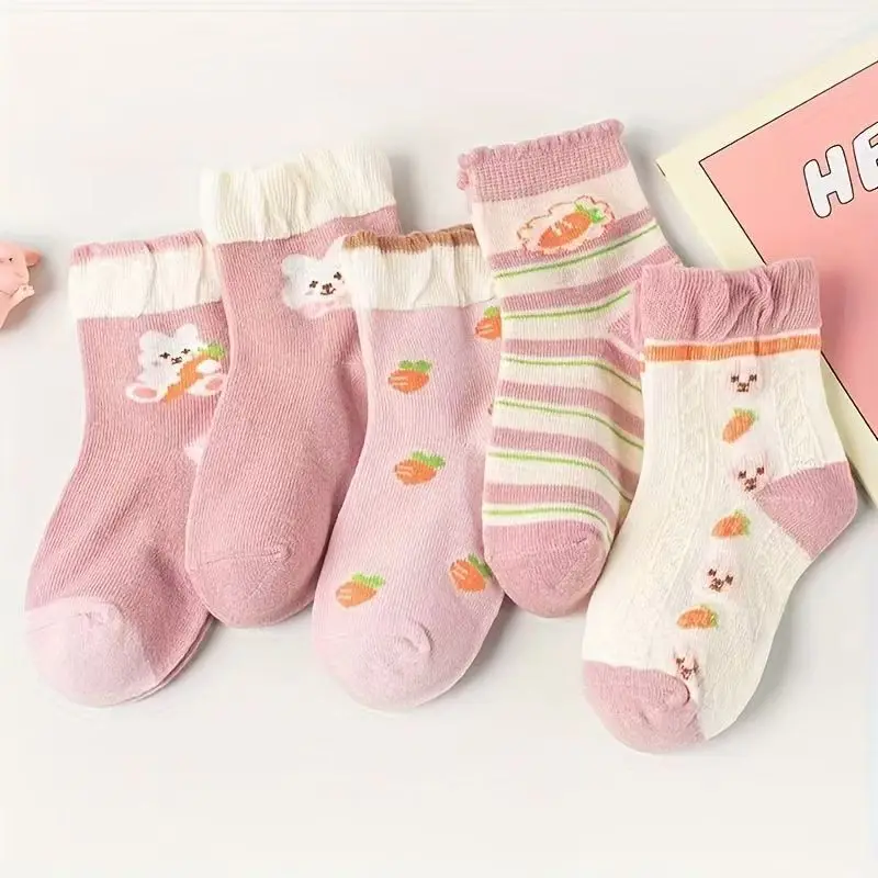 5/10 Pares de Meias Infantis com Estampa de Unicórnio Fofo para Meninas, Meias de Cano Médio com Laço para Crianças, Meias de Algodão Macio para Primavera e Outono