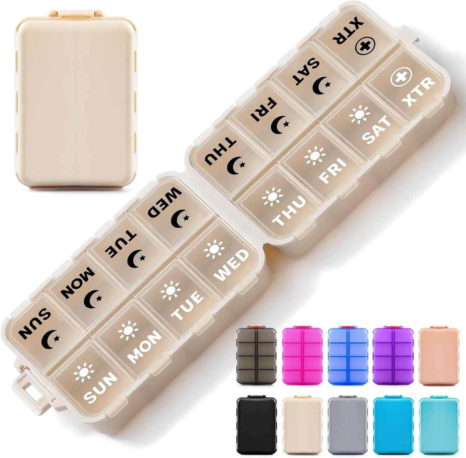 

Foldable Weekly Pill Organizer 2 Times a Day, 7 Day AM PM Medicine Box with 2 Extra Compartments, Portable Travel Pill Case for Vitamins, Khaki