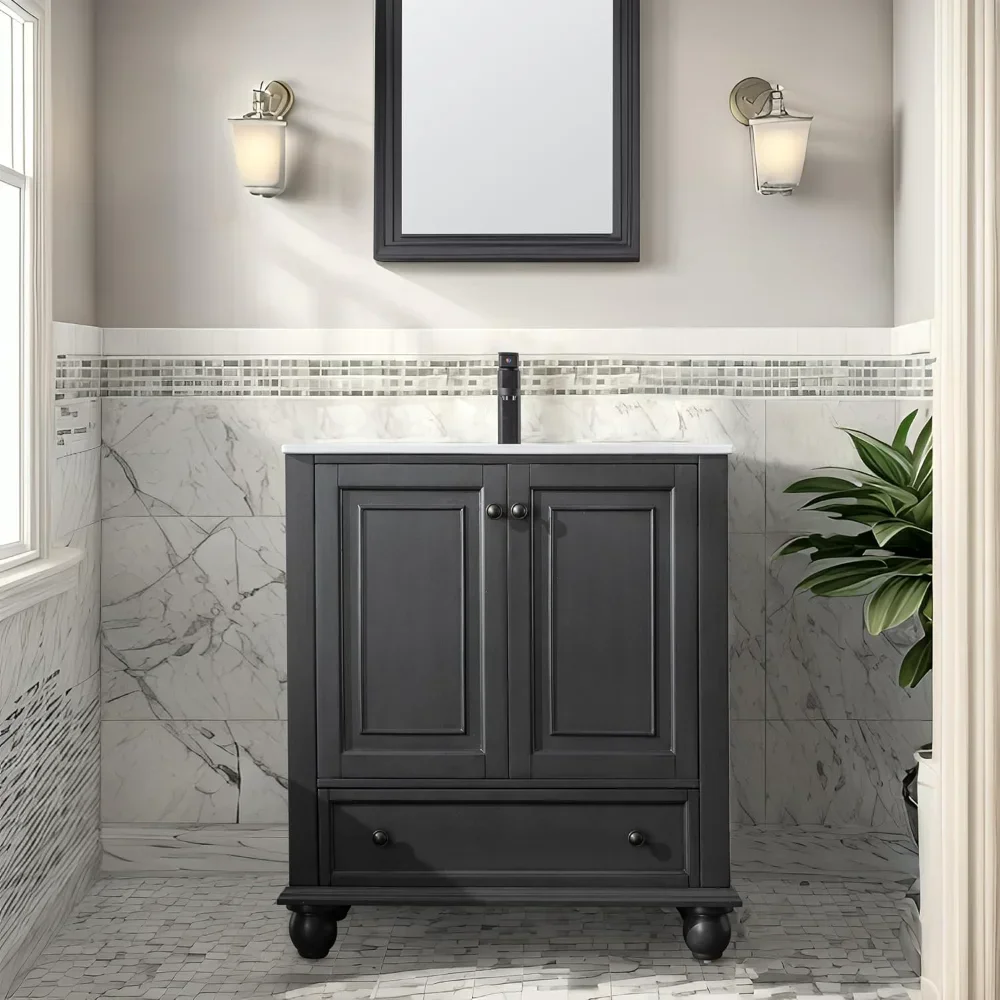 Lavabo da bagno da 30" combinato in stile vintage con struttura in legno massello verniciato, lavabo in ceramica sottopiano nero