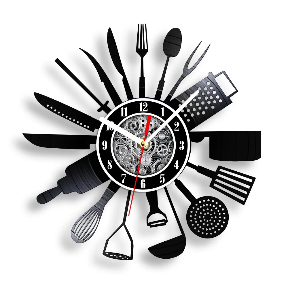 Cutlery Tableware Kitchen Wall Clock Made of Real Vinyl Record Retro Music Album Home Decor Cut Out LP Vinyl Disk Crafts Clock