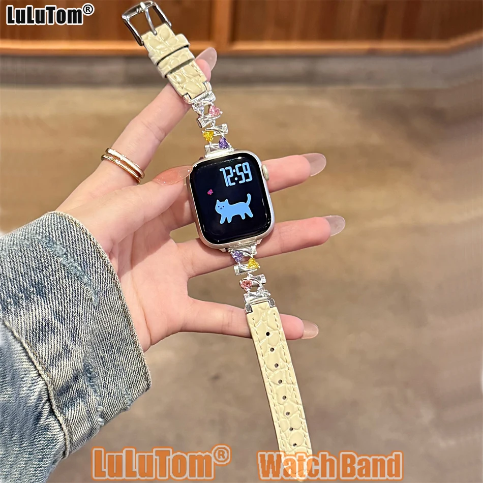 

Elegant Candy Zircon Strap for Apple Iwatch Series 11 10 9 8 7 6 5 SE Ultra WatchBand 38 40 41 42 44 45 46 49mm Leather Bracelet