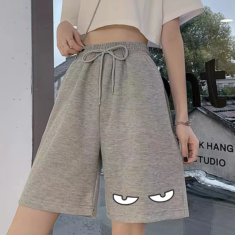 Senhoras harajuku shorts de rua feminino solto casual elástico shorts impresso série estudante moda cinza calças cortadas