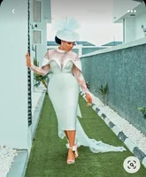 Elegant White Short Wedding Dresses Mermaid Lace Long Sleeves Tea Length Satin Classic African Women Prom Bridal Party Gown 2024 - Image 2