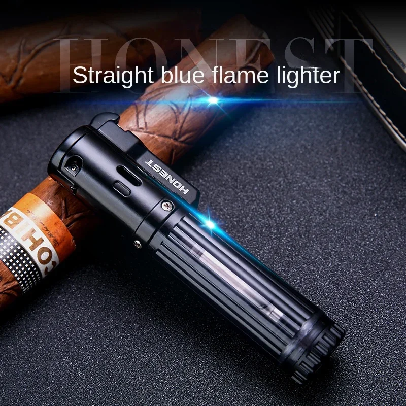 Personality Straight Blue Flame Grinding Wheel Cigar Lighter Windproof Jet Torch Turbine Inflatable Lighter Creative Smoking Set