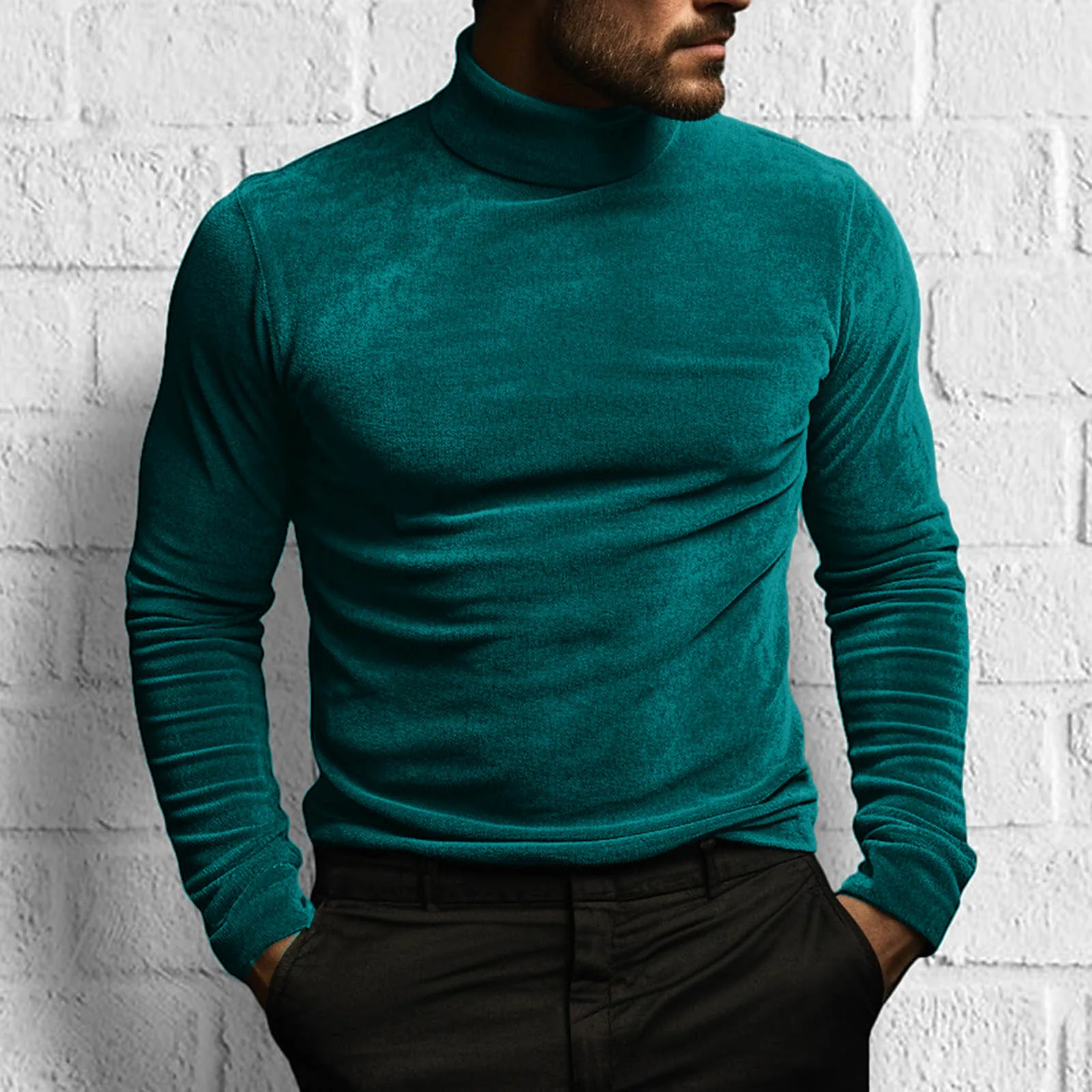 New Long Sleeved Solid Color Tight Fitting T-Shirt, European and American Autumn and Winter Men\'s High Neck Velvet Base Sweater