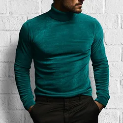 New Long Sleeved Solid Color Tight Fitting T-Shirt, European and American Autumn and Winter Men's High Neck Velvet Base Sweater