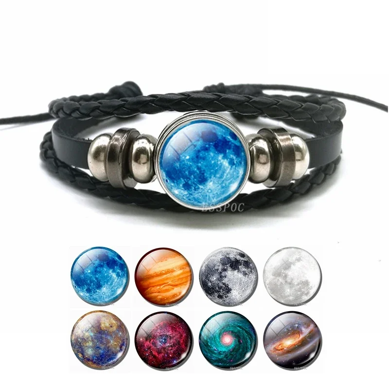 Charm Luminous Galaxy Bracelet Glow In The Dark Full Moon Glass Cabochon Bucket Weave Bangle Men Valentines Gift Dropshipping