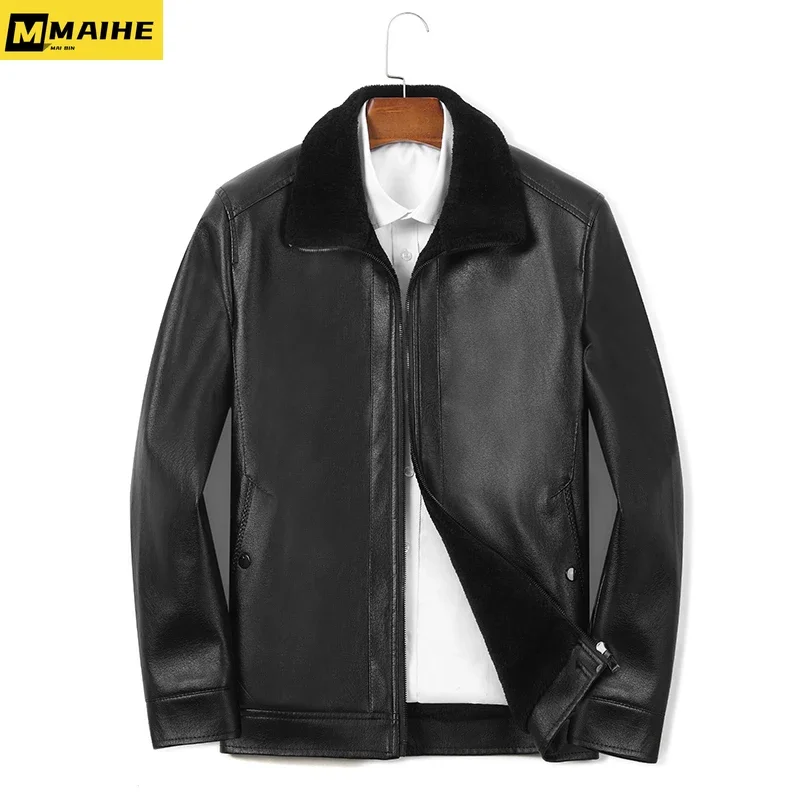 2023 new men's leather jacket winter fur one suit collar coat brand clothing men's large size thick wool warm motorcycle jacket