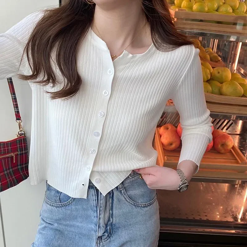 2024 Autumn Knitted Women\'s Cardigans Solid Basic Long Sleeve Single Breasted Sweater Ladies Korean Slim Ribbed Cardigan Lady