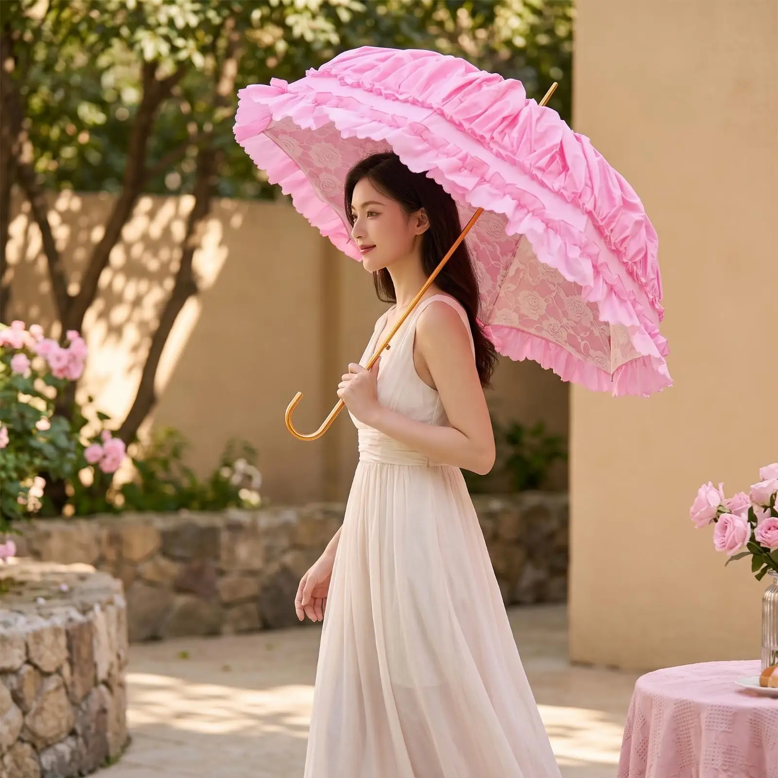Double-Layer Lace Umbrella Vintage Princess Umbrella Cute Ruffled Sunshade