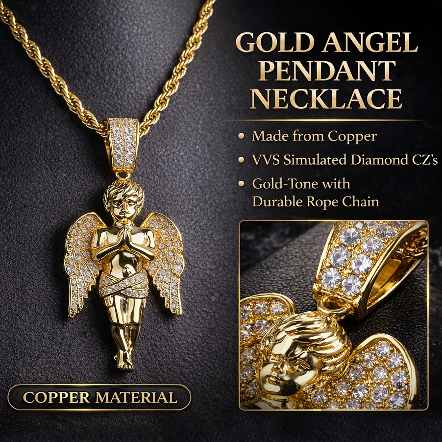 TOPGRILLZ HipHop Men Women Necklace Gold Color Plated Iced Out Micro Pave CZ Stone Angel Pendant Necklaces Love\'sblessing Gifts
