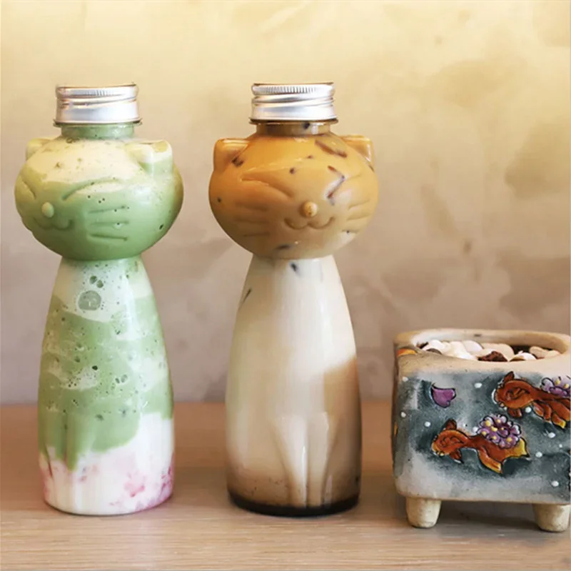 Kawaii Cat Water Bottles for Milk Tea Coffee Juice Portable Drinking Cup Home Transparent Juicing Beverage Drink Bottle BPA Free