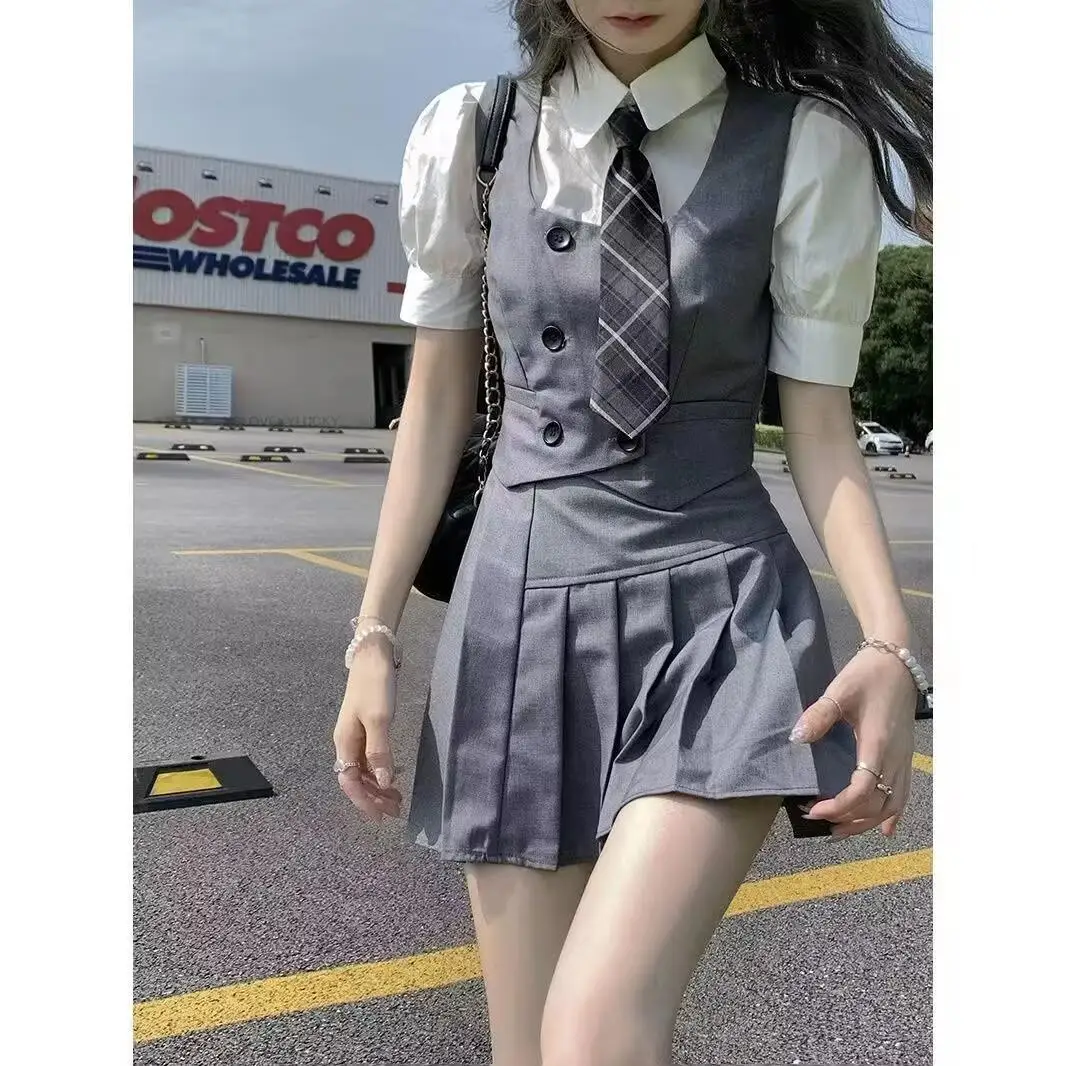 Sommer neue Mode Frauen Korea Uniform Stil JK Kleid Set Weste kurzes Hemd Plissee A-Linie Rock drei Stück Mädchen sexy JK Set