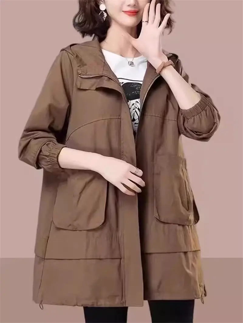 Windbreaker Coat Women In Spring And Autumn 2024 New Mid Length Middle-Aged Oversized Mothers Clothing Hooded Jacket K655