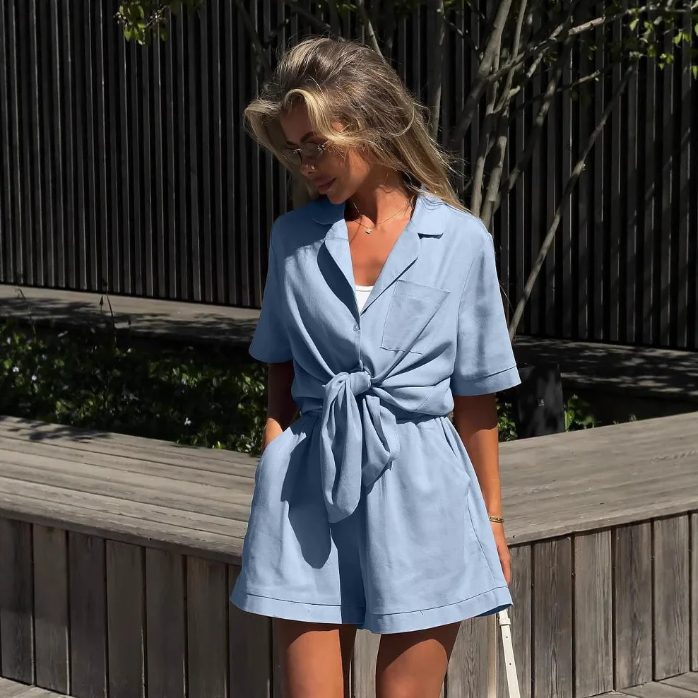 

Casual Versatile Style Women Shirt Shorts Suit Short Sleeve Neck Pocket Women's Suit 2025 Summer Women New Fashion Two-piece Set