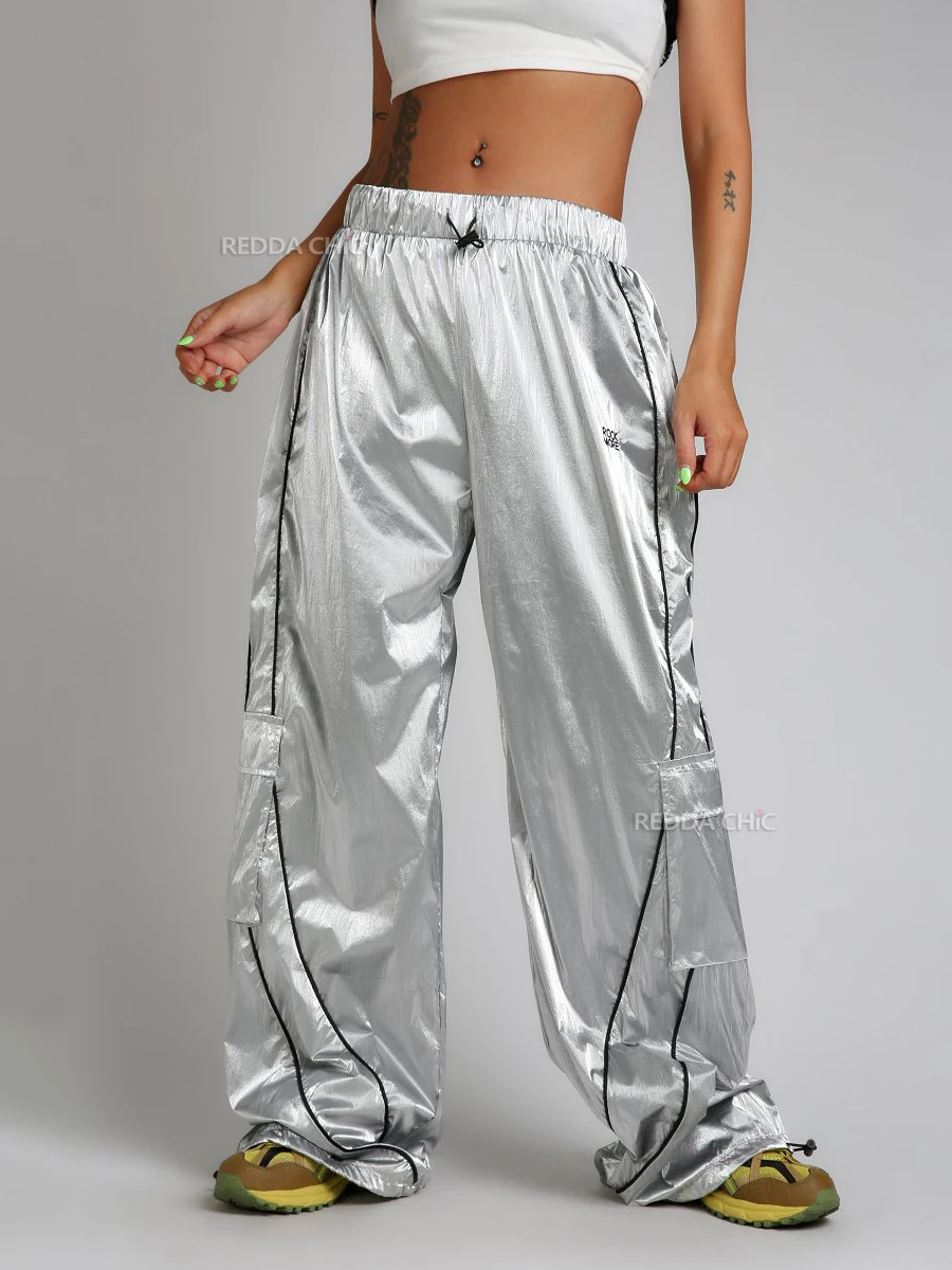 REDDACHiC Metallic Silver Parachute Pants Women Vintage Elastic Waist Wide Leg Casual Sweatpants Jazz Dancer Skater Y2k Clothes