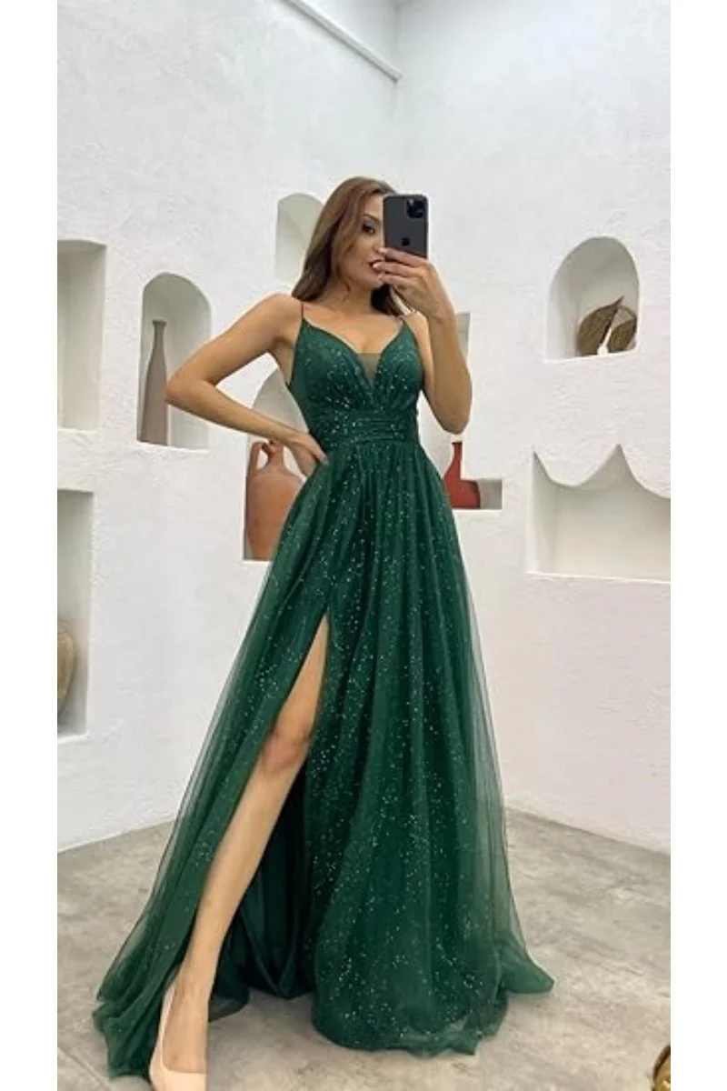 

Sparkly Tulle Prom Dresses Long for Women Spaghetti Straps Evening Formal Gowns with High Slit