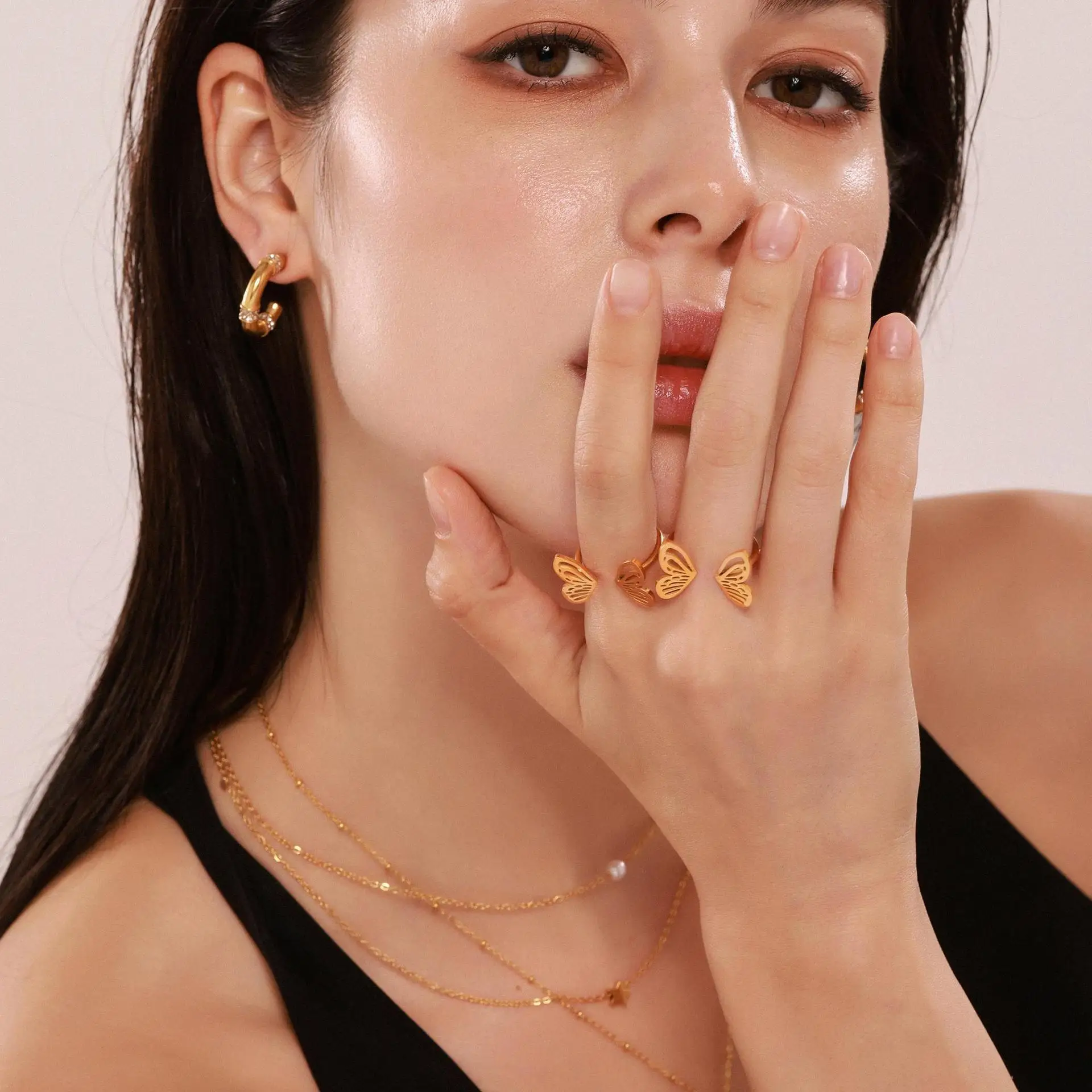 Ars 18k Gold Plated Butterfly Shape Ring Stainless Steel Open Rings for Women Minimalist Finger Rings Non Tarnish Stacking Rings