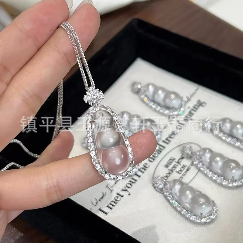 

Trending New Chinese Style Natural High Ice Glass BodyS925 Silver Inlaid Water Drop Jade Four Seasons Lucky Bean Pendant