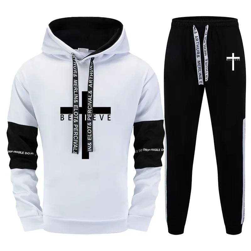 

2025 New Mens Tracksuit Hoodies Sweatpants Black White Color Mix Urban Fashion Casual Jogger Outfit Jesus Cross Print Sweatshirt