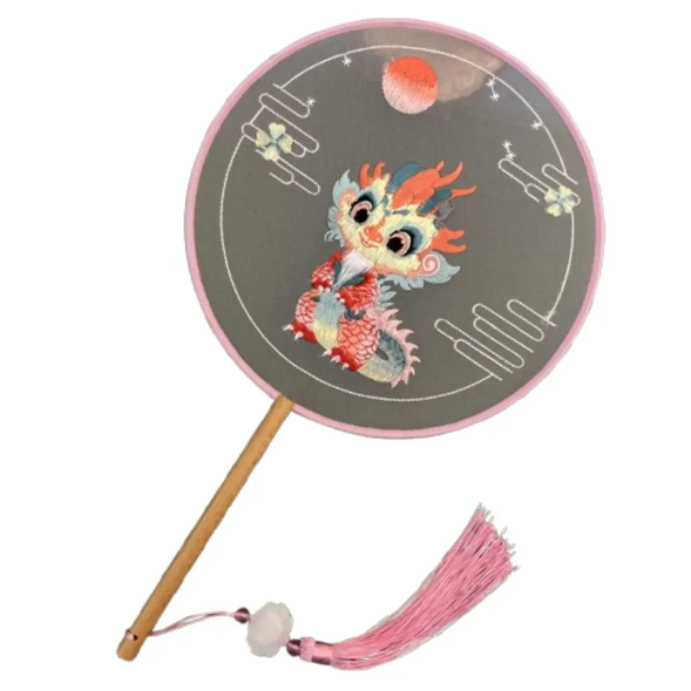Creative Embroidered Silk Fan Chinese Style Cute Panda Embroidery Round Fan with Tassels Wooden Handle