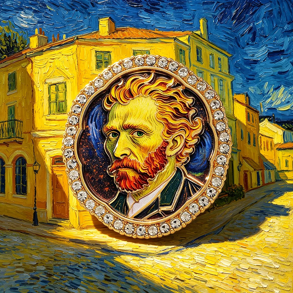 1Pc Van Gogh Self Portrait Enamel Brooch Pin, Rhinestone Round Art Painting Lapel Pin Art Lover Collectible Gift