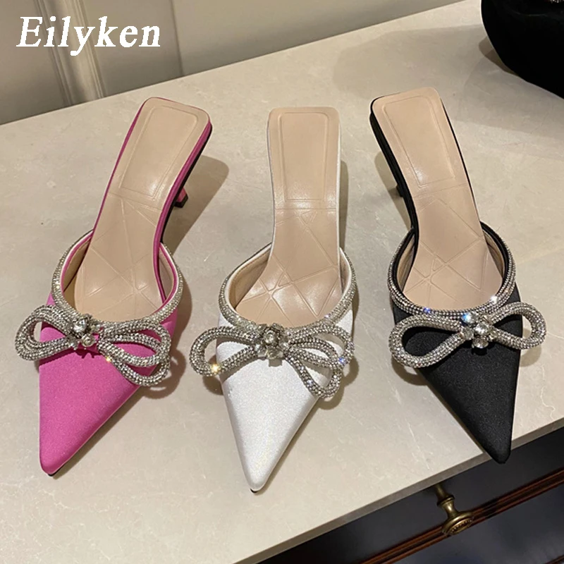 Eilyken Fashion Butterfly-knot Women Slippers Thin Low Heels Pointed Toe Design Slip On Summer Mules Slides Shoes