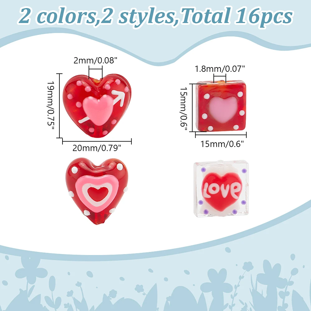 16 Pcs Handmade Lampwork Love Beads 4 Styles Red Heart Square Glass Beads Colorful Bumpy Glass Loose Beads