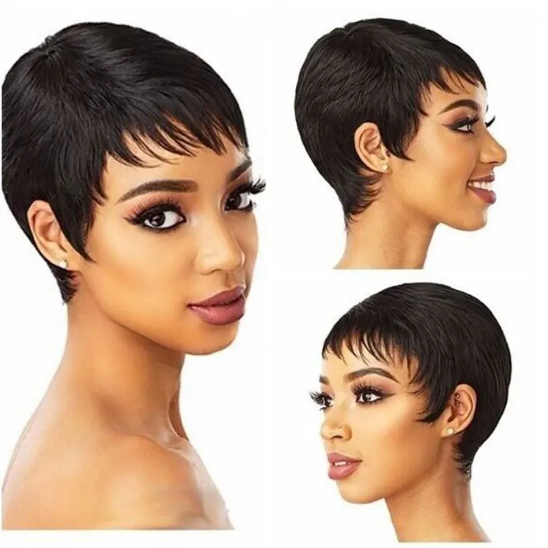 Peluca de duendecillo en capas ondulada corta, cabello humano con corte de niño, pelucas de cabello humano corto para mujeres negras, pelucas de cabello brasileño hechas a máquina en venta