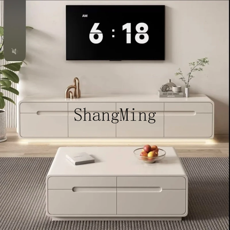 

FG double-layer solid wood TV cabinet coffee table combination floor-to-ceiling living room white light luxury household