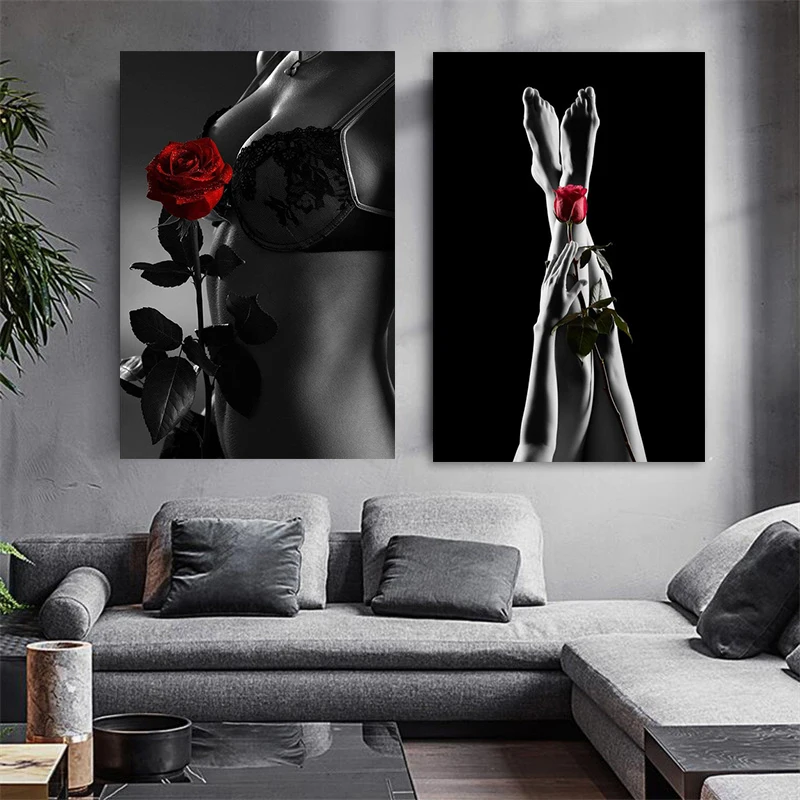 

Sexy Woman Nude Art Red Rose Poster and Prints Modern Figure Canvas Painting Wall Art Picture for Room Home Decoration