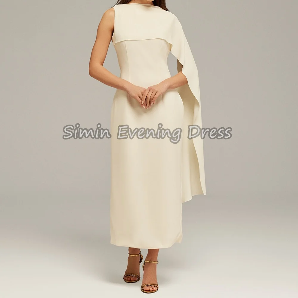 

Simin Crepe A-line O-neck One-shoulder Draped Simple Saudi Evening Dresses For Women 2025 With Ankle Length Slit Arab Party Gown