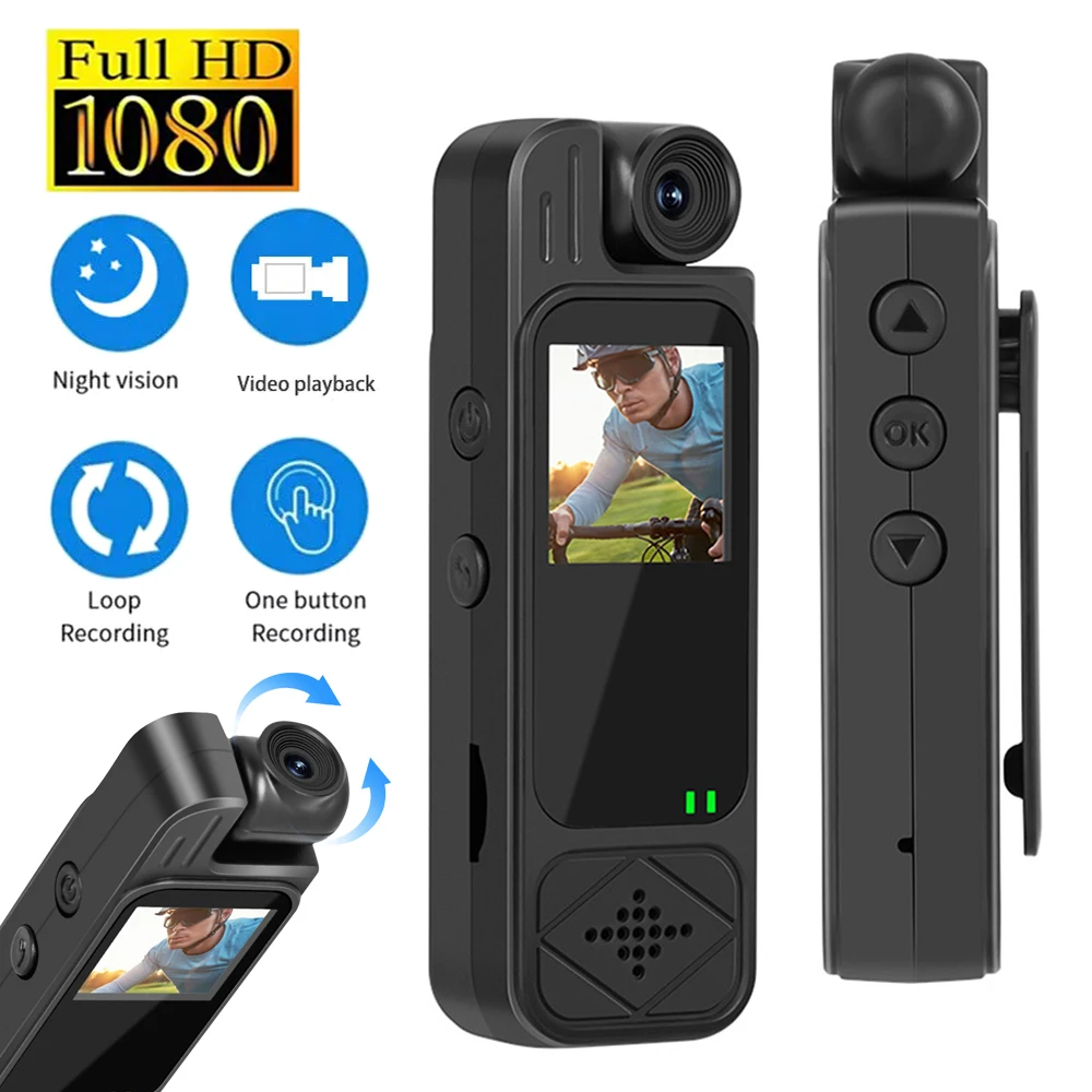 HD 1080P Mini Body Camera 1.3inch Screen 180° Rotatable Lens Body Mounted Camera Small Portable IR Night Vision Police Body Cam