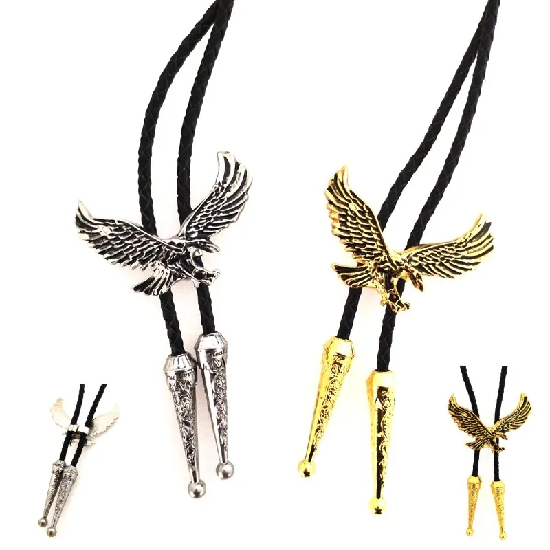 

Vintage Alloy Western Cowboy Zinc Alloy Eagle Bolacie Leather Rope Tie Bolo Tie Flying Eagle Gold And Silver