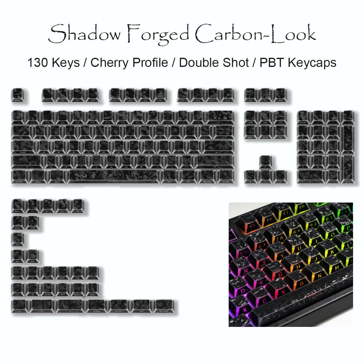 Side Print RGB Backlit Key Caps Shadow Fold Forged Carbon Double Shot PBT Keycaps Cherry Profile for MX Switches Gaming Keyboard