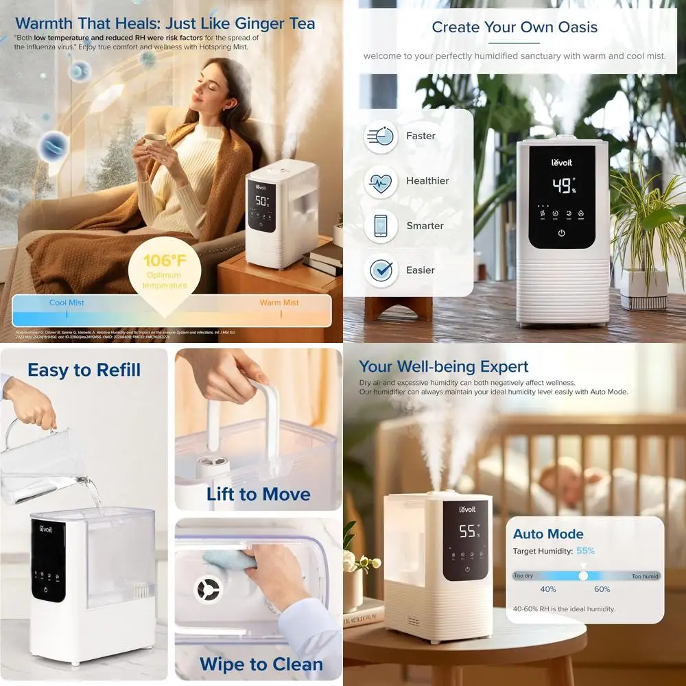 

Умный увлажнитель воздуха для больших помещений: автоматическое управление влажностью, быстрое увлажнение, легкое заполнение, бесшумный, 4,5 л, белый