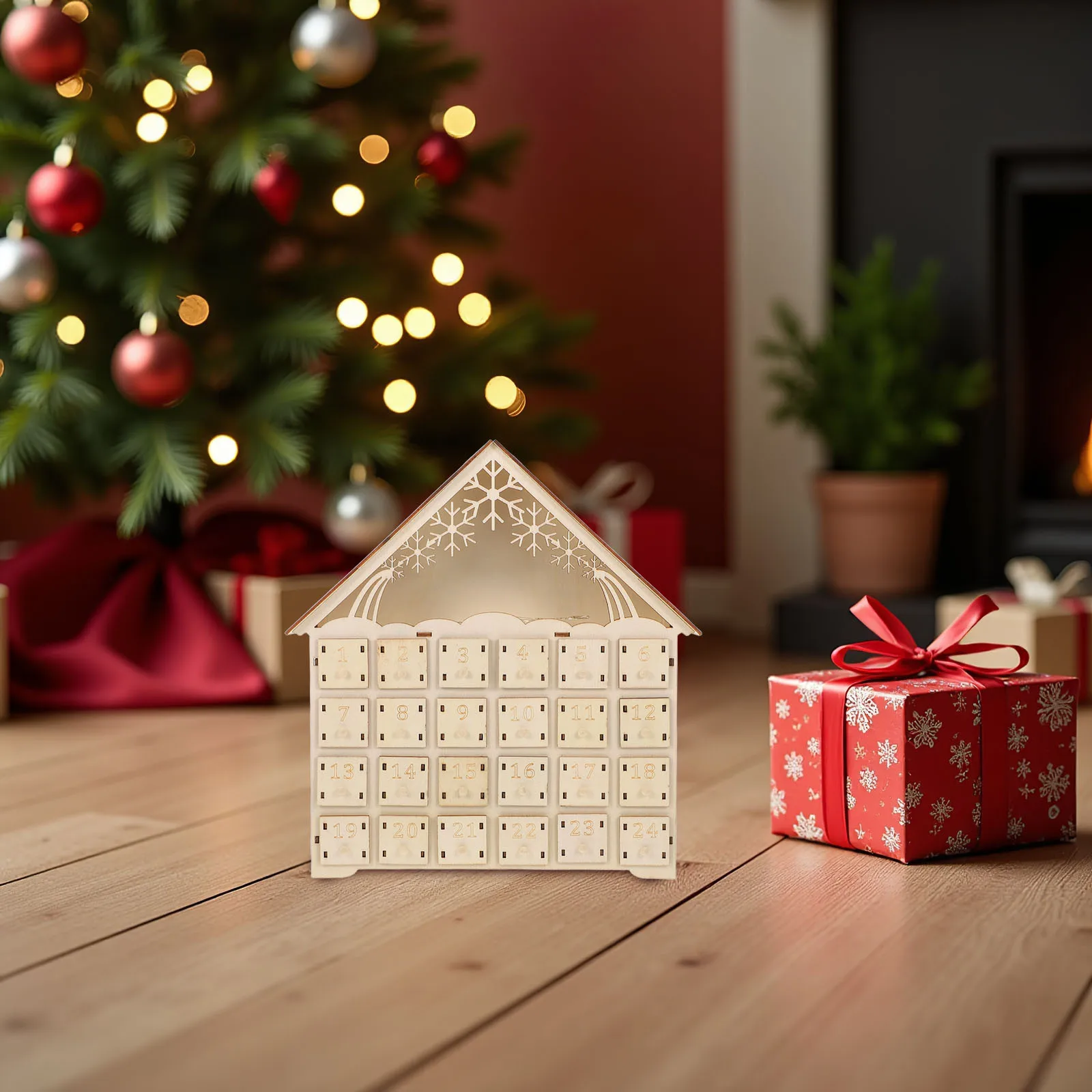 Calendário do advento de madeira com 24 espaços, casa de contagem regressiva de natal 2025 com luzes LED, decoração reutilizável para férias em família, mesa iluminada