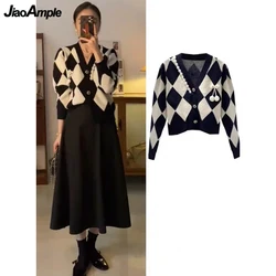 2024 Spring Autumn Women Plaid Knit Jacket Black Dress 1 or Two Piece Set Lady Fashion V-Neck Sweater Coats Slim Dresses Outfits