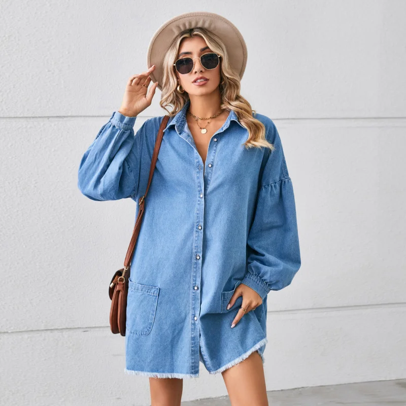 

2025 New Loose Denim Long Sleeve Frayed Hem Women's Fashion Turn-down Collar Midi Dress D001