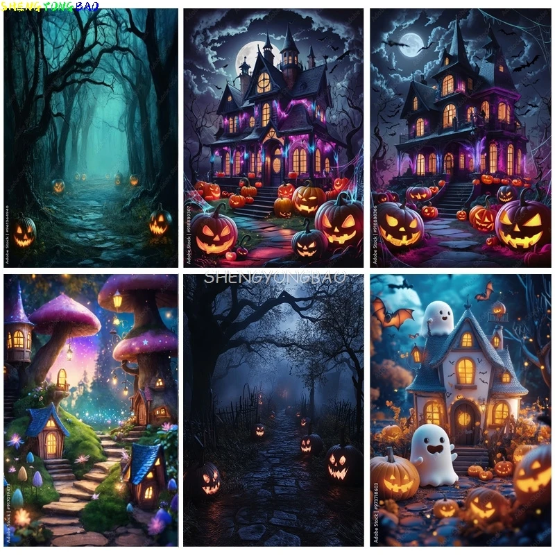 

Pumpkins Halloween Day Spooky Backdrop Props Lanterns Cobwebs Creepy Wicked Eerie Evil Scary Dark Night Forest Background JS-12