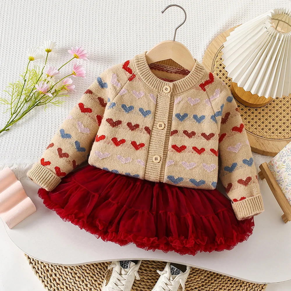 LILIGIRL Girls Clothing Set Full of Heart Print Knit Cardigans Ball Gown Skirt 2 Pcs Sweater Suit Children Outfit 2-7 Y